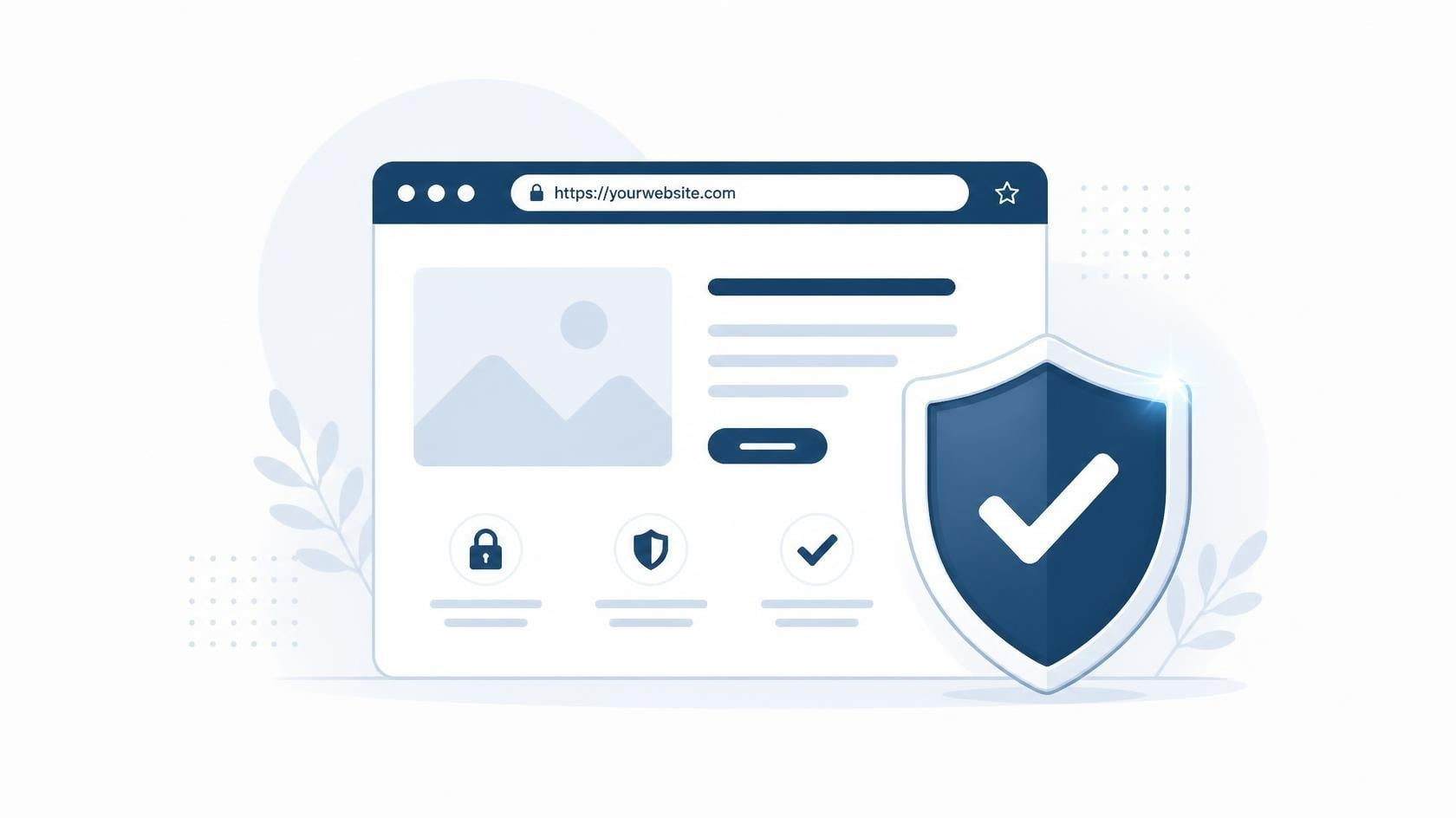 Illustration eines Browserfensters mit blauem Schutzschild und Häkchen als Symbol für eine abgesicherte WordPress-Website.